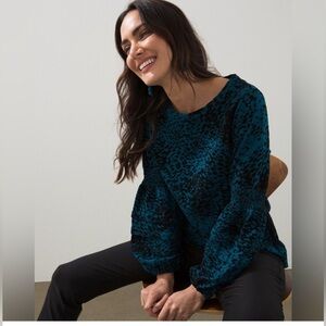 Chicos Flocked Sleeve Blouse in Teal and Black| Size: 3